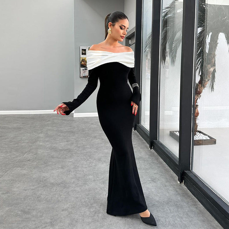 Off Shoulder Draped Contrast Bodice Long Sleeve Mermaid Maxi Dress