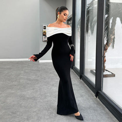 Off Shoulder Draped Contrast Bodice Long Sleeve Mermaid Maxi Dress