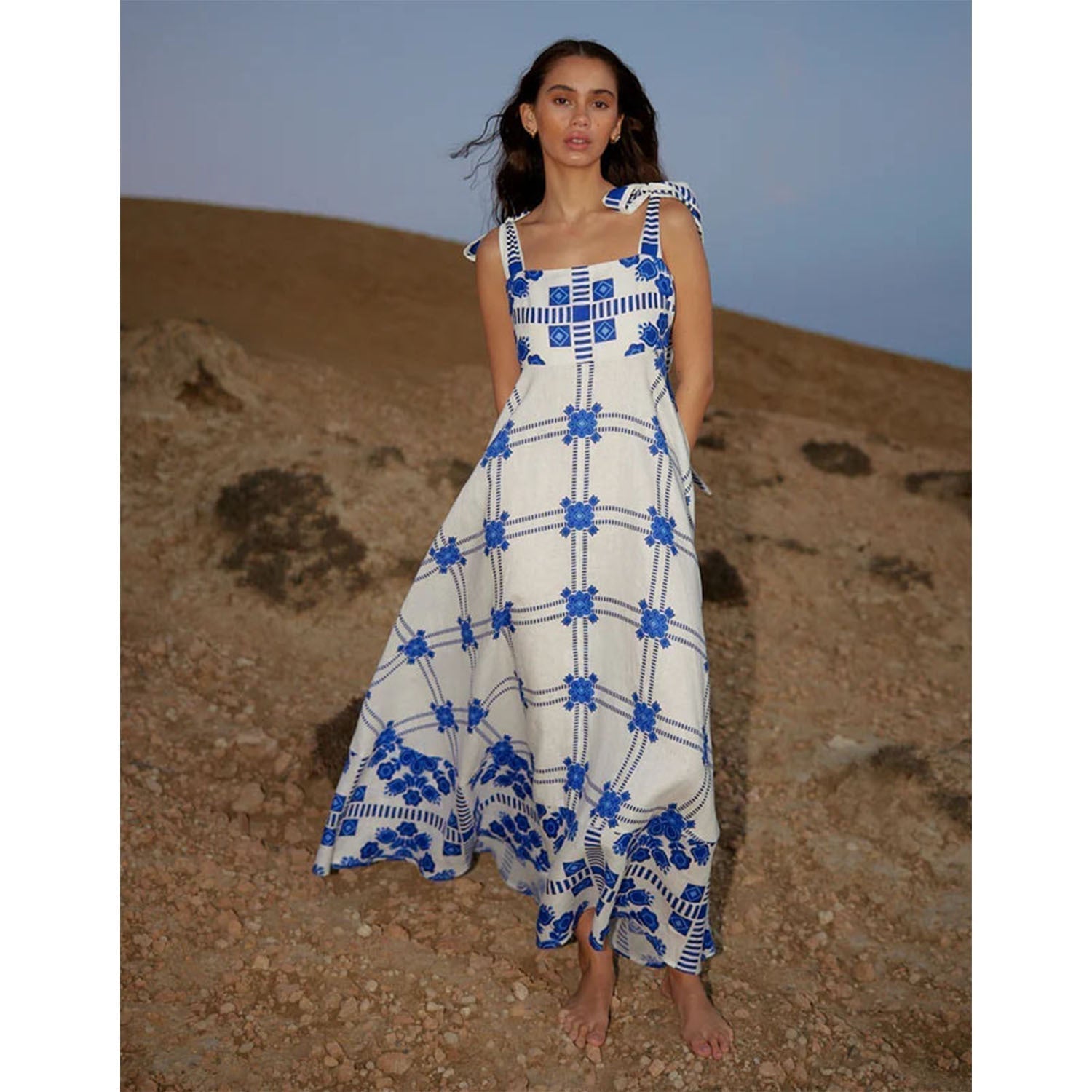 Geometric Print Square Neck Tie-Shoulder Flared Maxi Dress