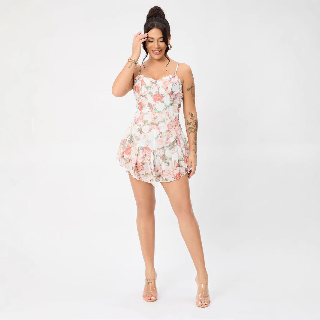 Sweetheart Corset Spaghetti Strap Floral Print Tiered Ruffle Mini Dress