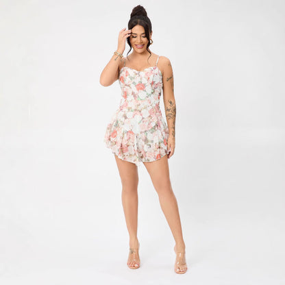 Sweetheart Corset Spaghetti Strap Floral Print Tiered Ruffle Mini Dress