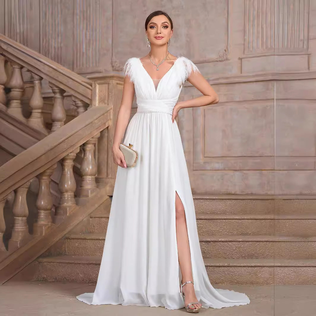 Feather Shoulder Plunge V-Neck Rhinestone Belt Thigh Slit Chiffon Maxi Gown