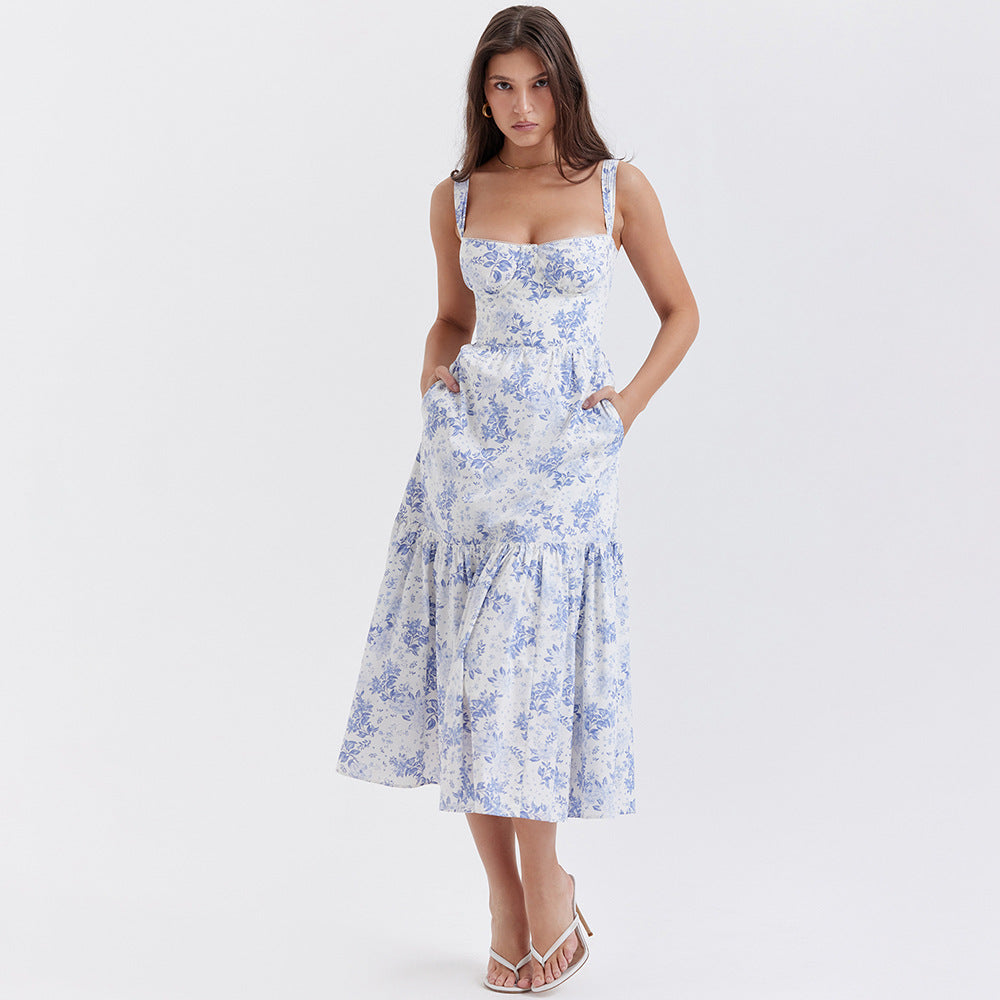 Square Neck Bustier Floral Ruffle Tier Pocket Midi Dress