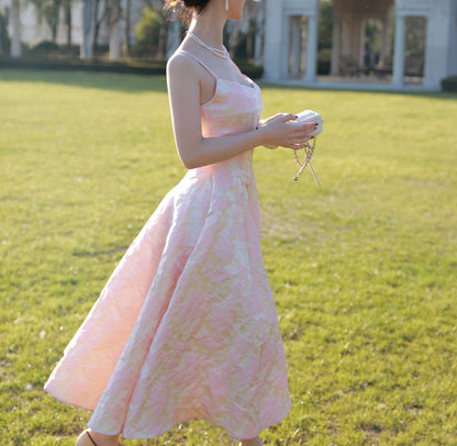 Porcelain Pink Jacquard Princess Dress Vintage Square Neck Slip Dress