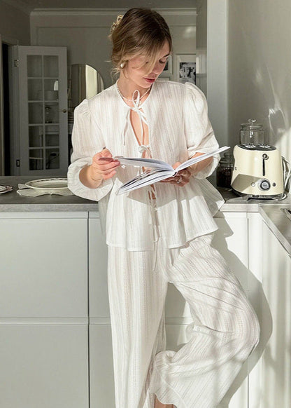 White Cotton Peplum Top and Wide-Leg Pants Set