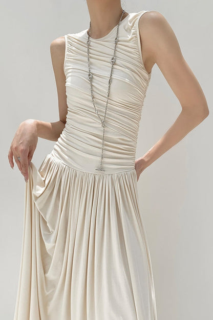 Quintina Round Neck Pleated Maxi Cotton Dress