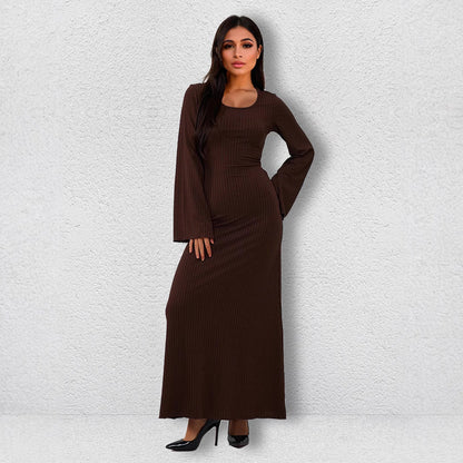 Scoop Neck Vertical Rib Knit Flared Bell Sleeve Column Maxi Dress