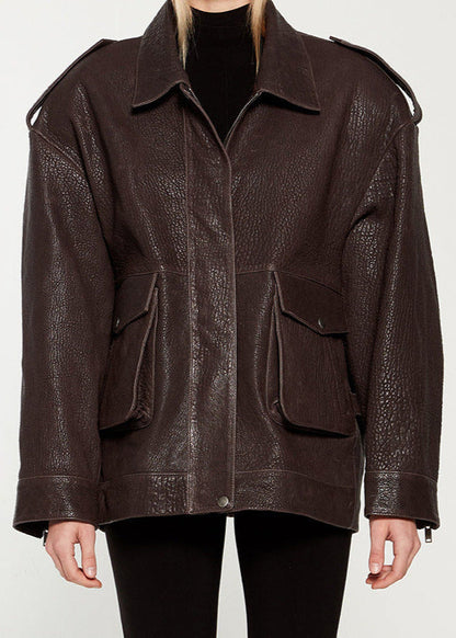 Noir Edge - Dark Brown Leather Jacket with Utility Pockets