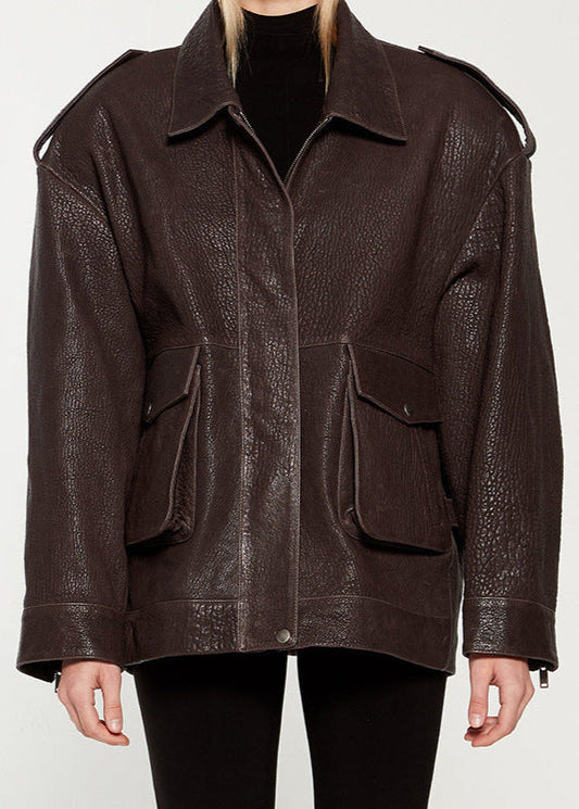 Noir Edge - Dark Brown Leather Jacket with Utility Pockets