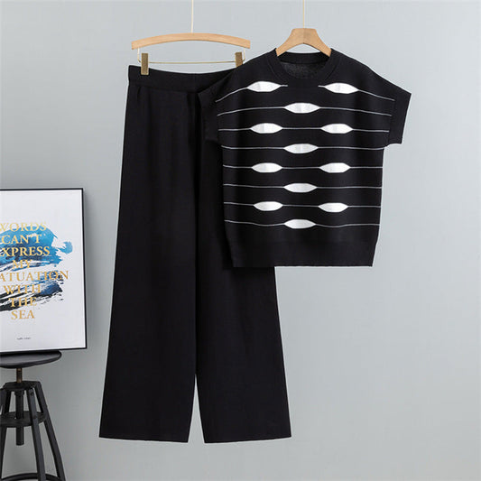 Black – Casual Striped Short-Sleeve Two Piece Set