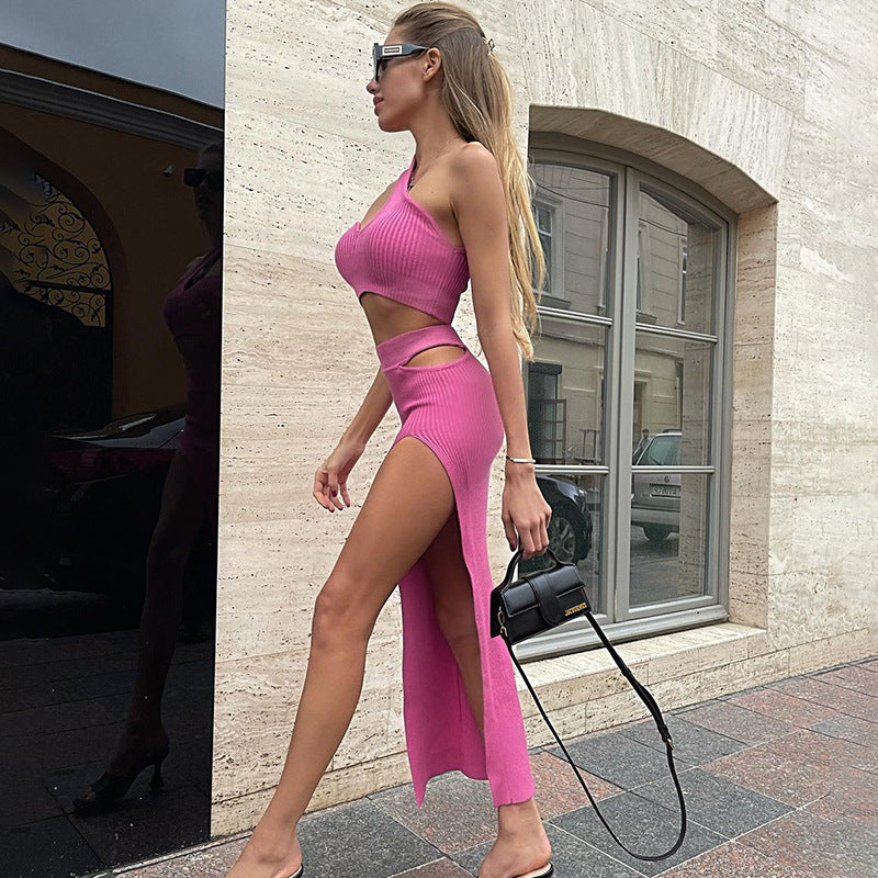 Solid Color Thread One-Piece Cropped Hollow-out Split Maxi Dress