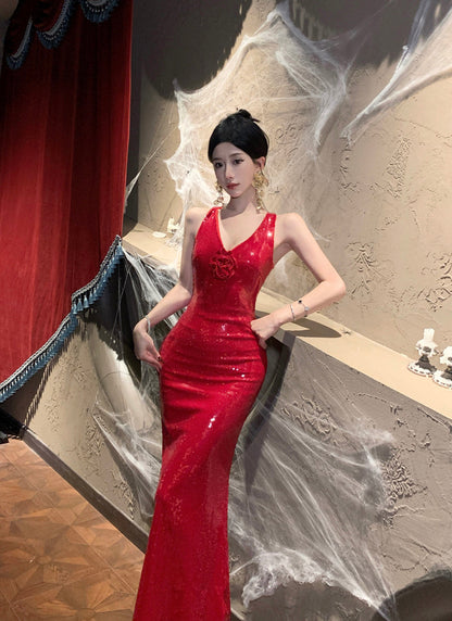 Glam Red Sequin Backless Dress Elegant Birthday Party Gown