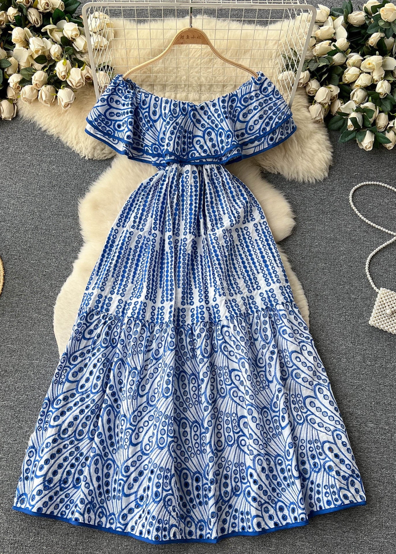 Marina Ruffle Off-Shoulder Dress – Blue EmbroideRed Boho Maxi