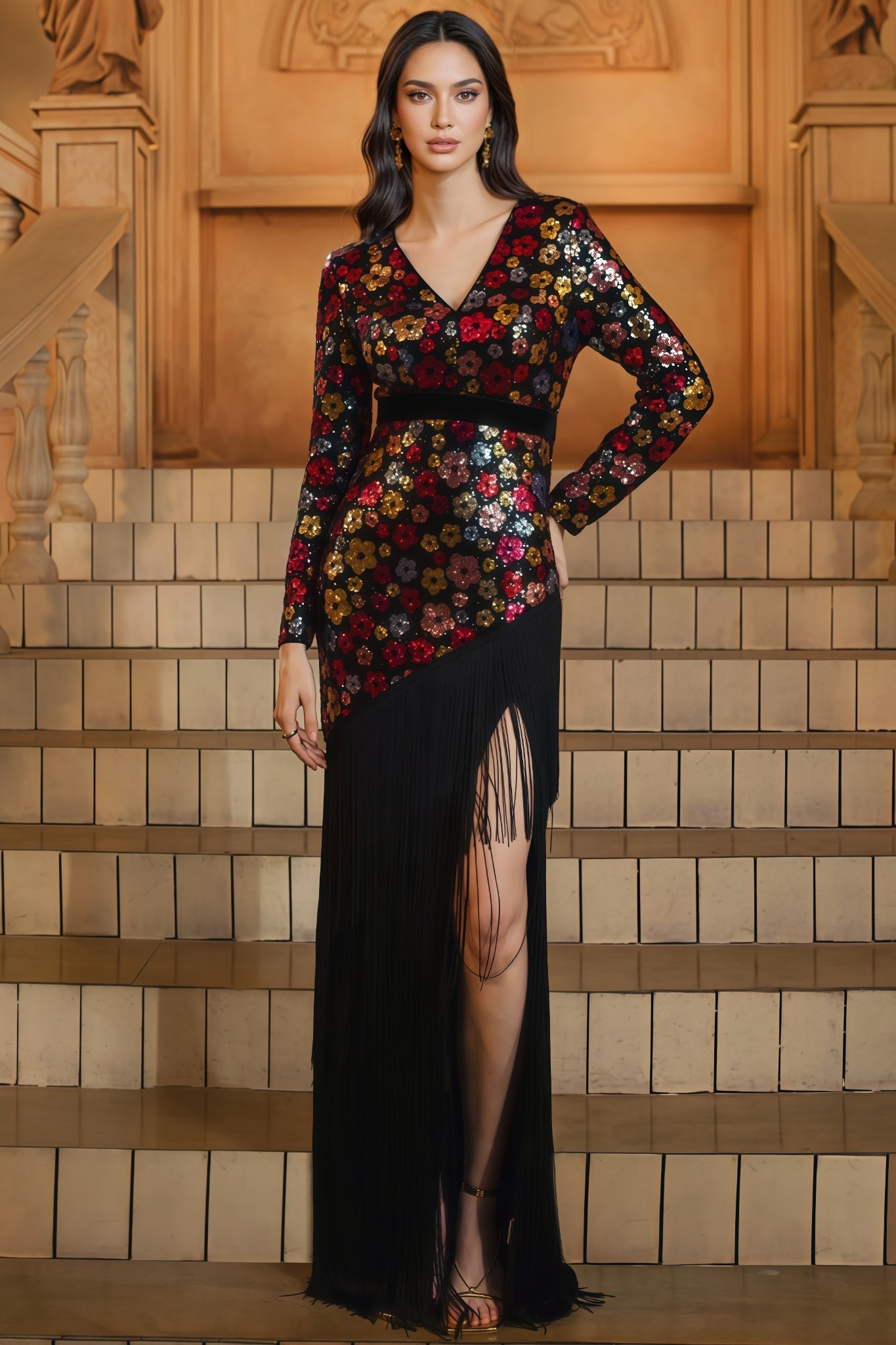 Faelan V-Neck Fringe Sequin Maxi Dress