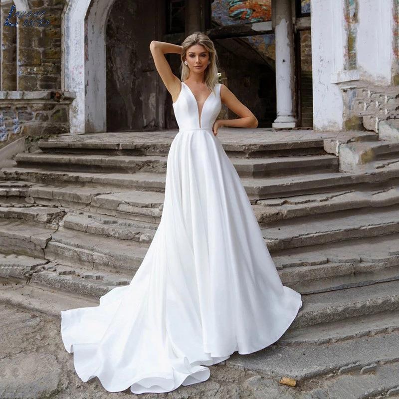 Deep V-Neck Satin Sheer Wedding Dress