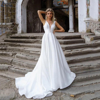 Deep V-Neck Satin Sheer Wedding Dress