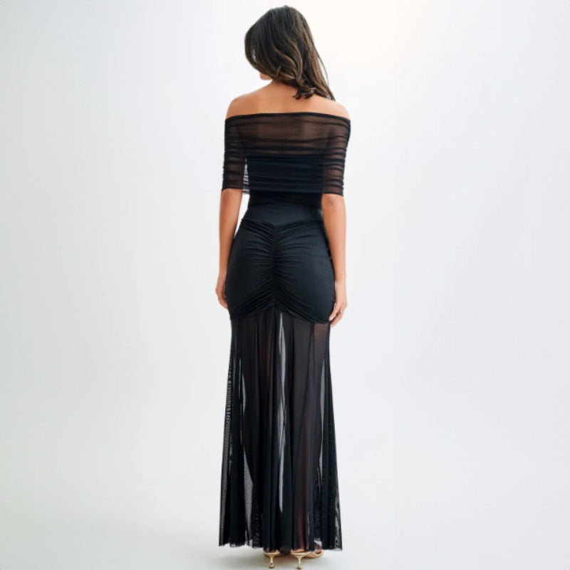 Tube Top Pleated Mesh Slim Fit Patchwork Dress Two Piece Set