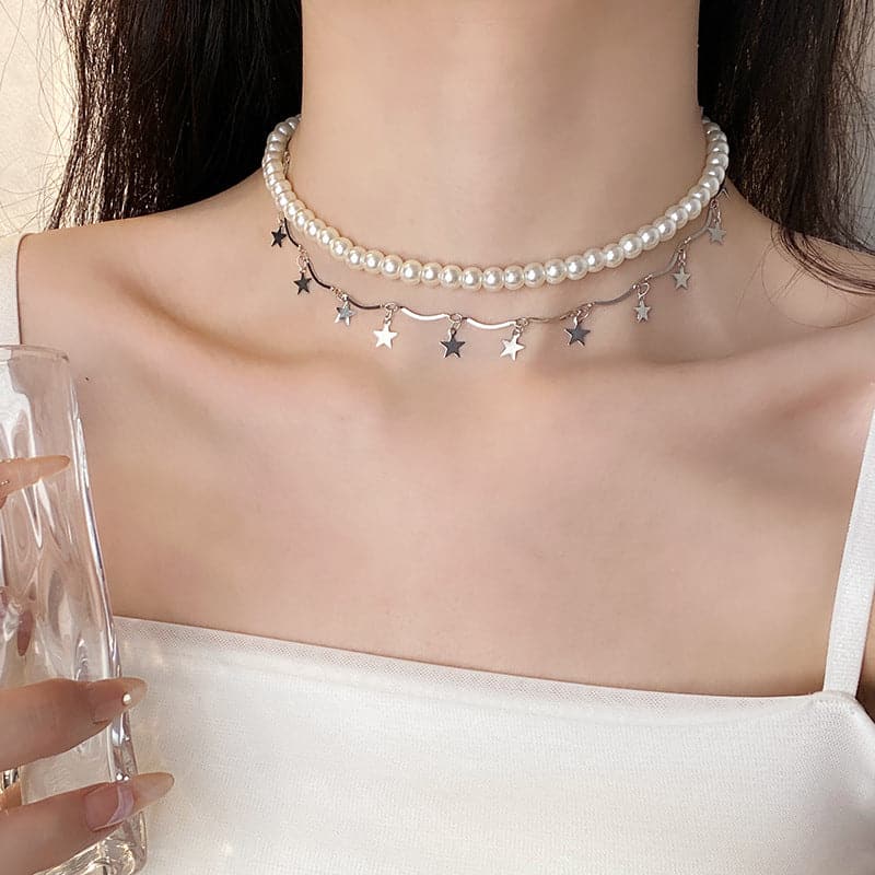 Faux pearl layered tassels choker necklace