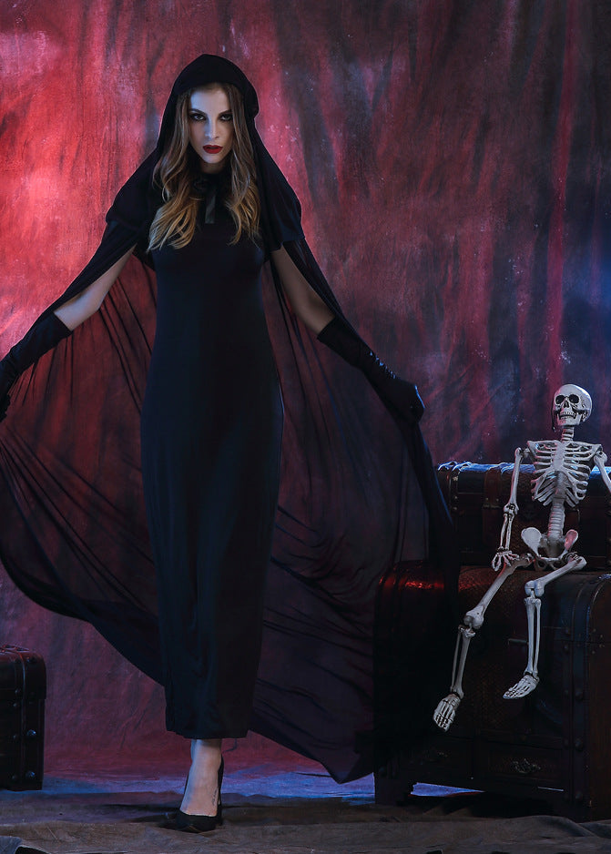 Gothic Witch Costume - Long Black Hooded Dress with Sheer Cape
