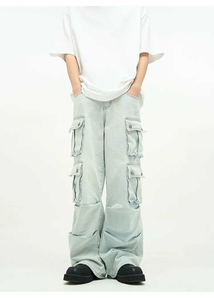 Light Wash Baggy Cargo Jeans with Multiple Flap Pockets