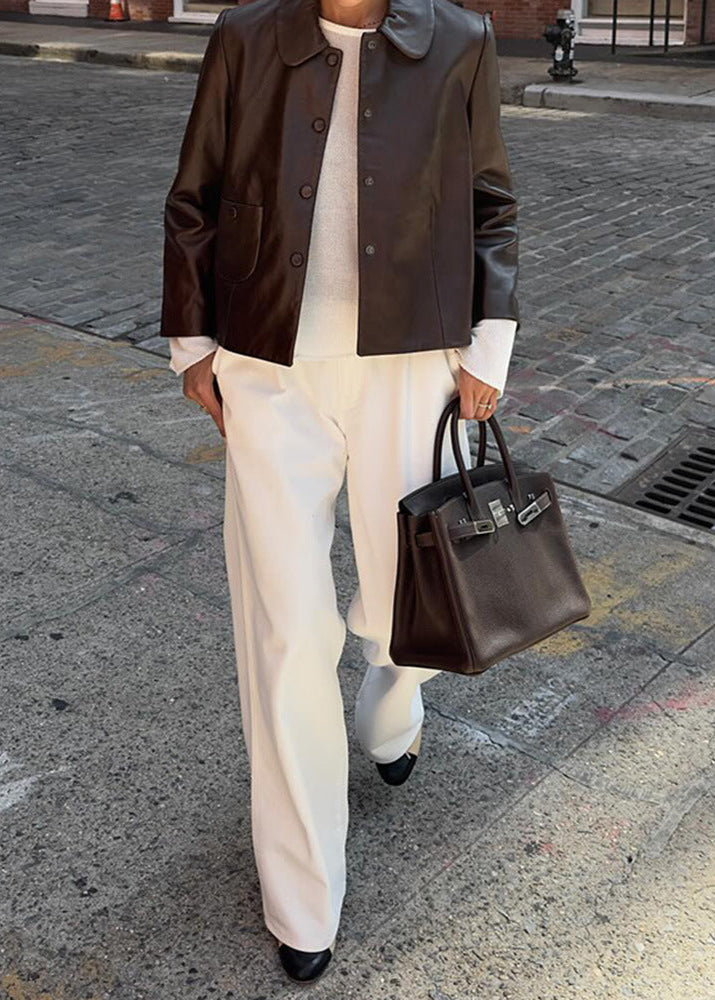 Mila - Cropped Button-Up Faux Leather Jacket