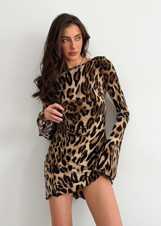 Wild Instincts Mini Dress – Leopard Print with Open Back