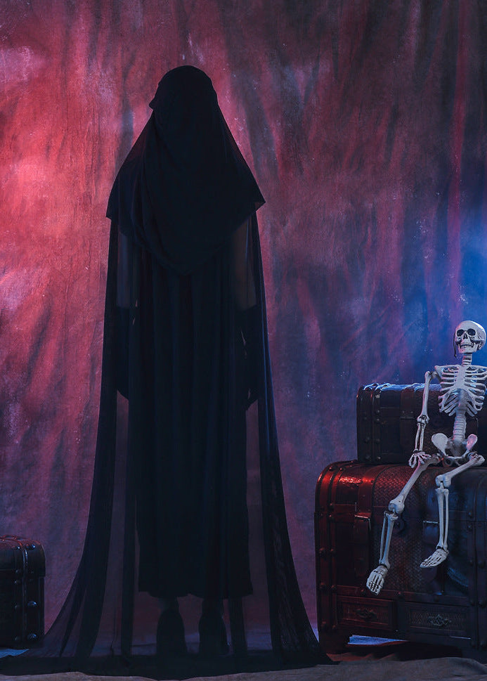 Gothic Witch Costume - Long Black Hooded Dress with Sheer Cape