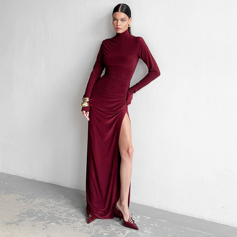 Mock Neck Long Sleeve Ruched Gathered Side Slit Bodycon Maxi Dress