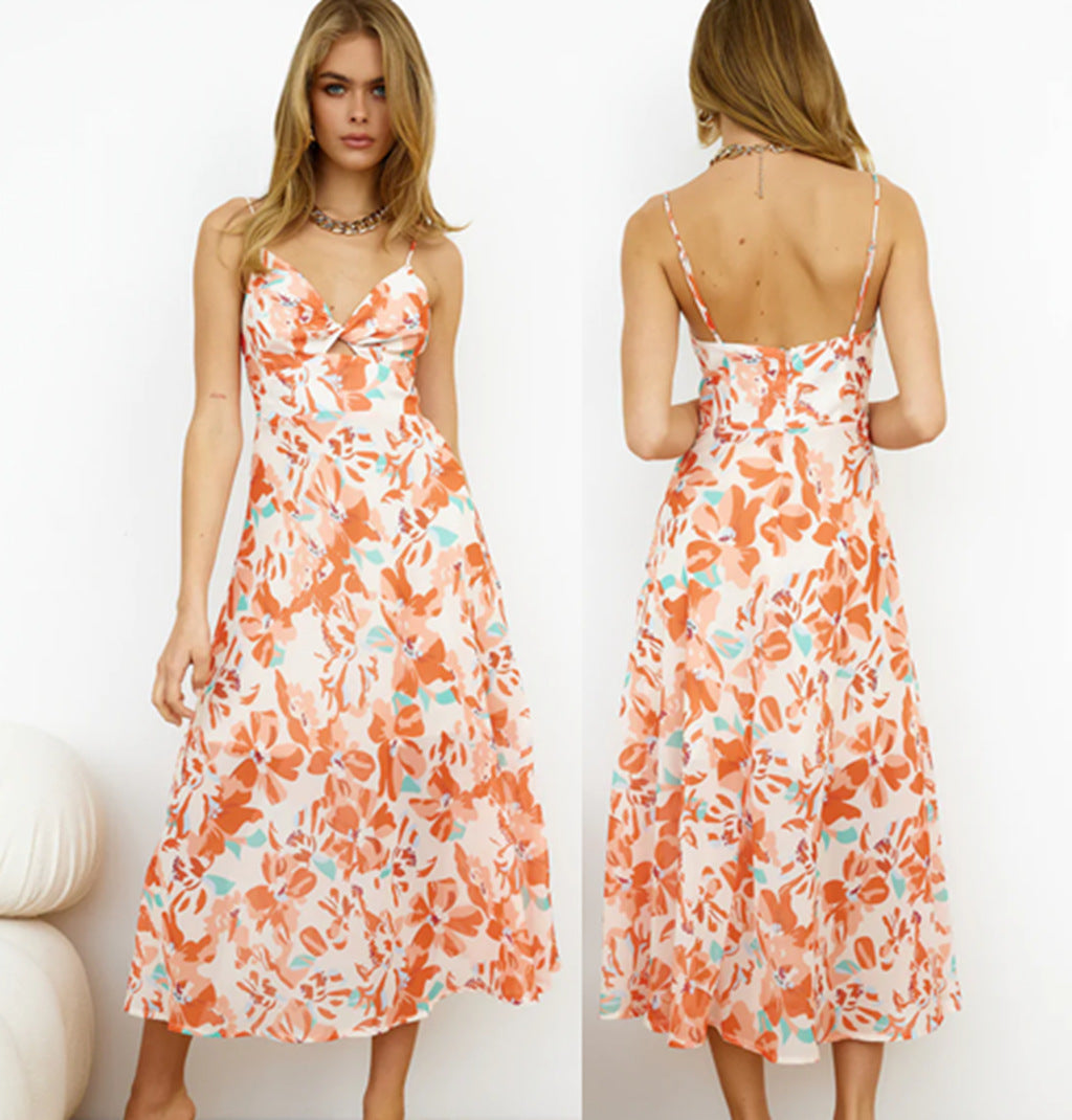 Floral Print Sweetheart Twist Bust Cut Out Spaghetti Strap Midi Dress