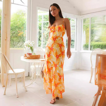 Fresh Sweet Floral Print Backless Mid Length Dress