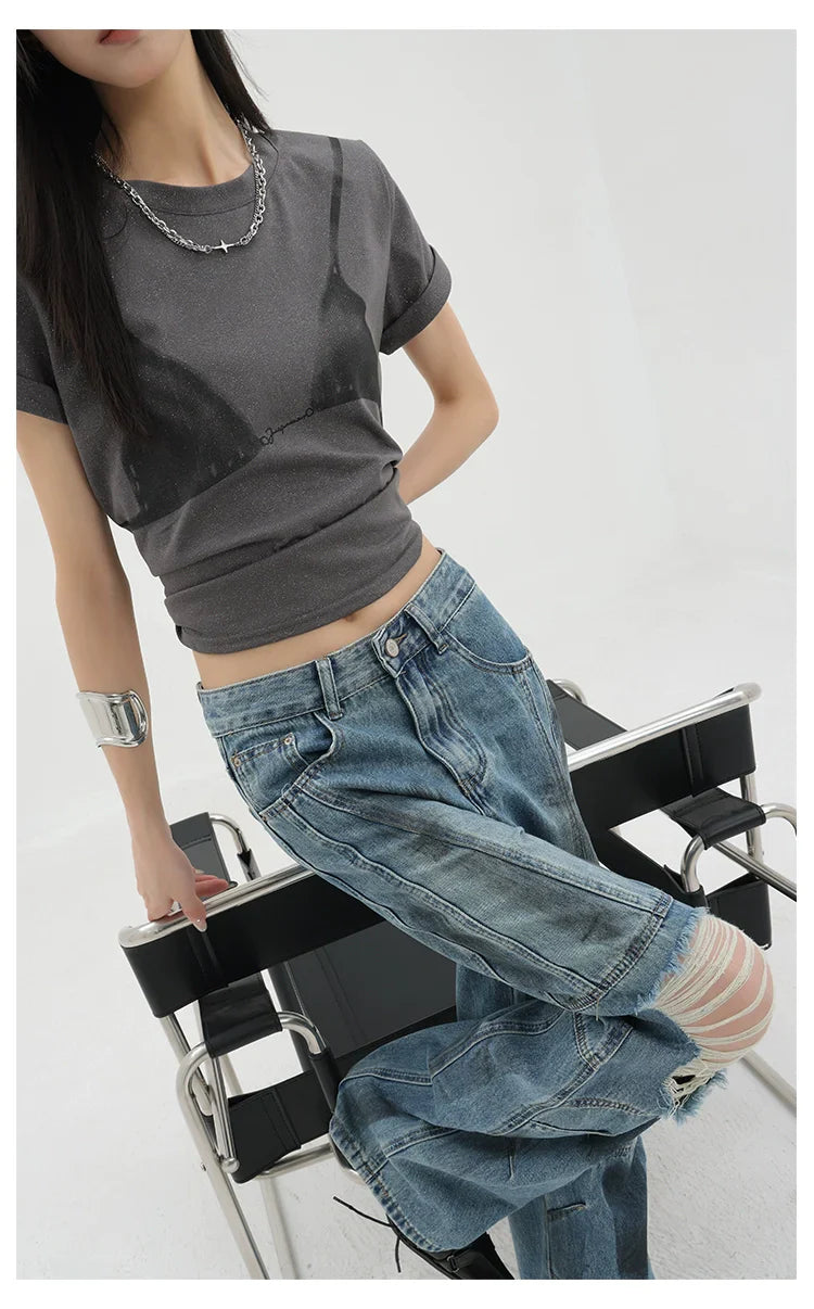 Vintage Distressed And Dirt-Dyed Patchwork Wide-Leg Jeans