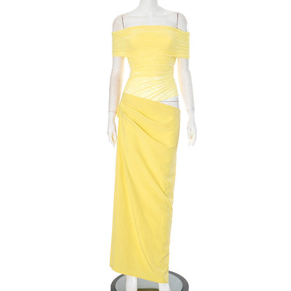 off Neck Mesh Stitching Waist Baring Slim Fit Pleated Hip Dress