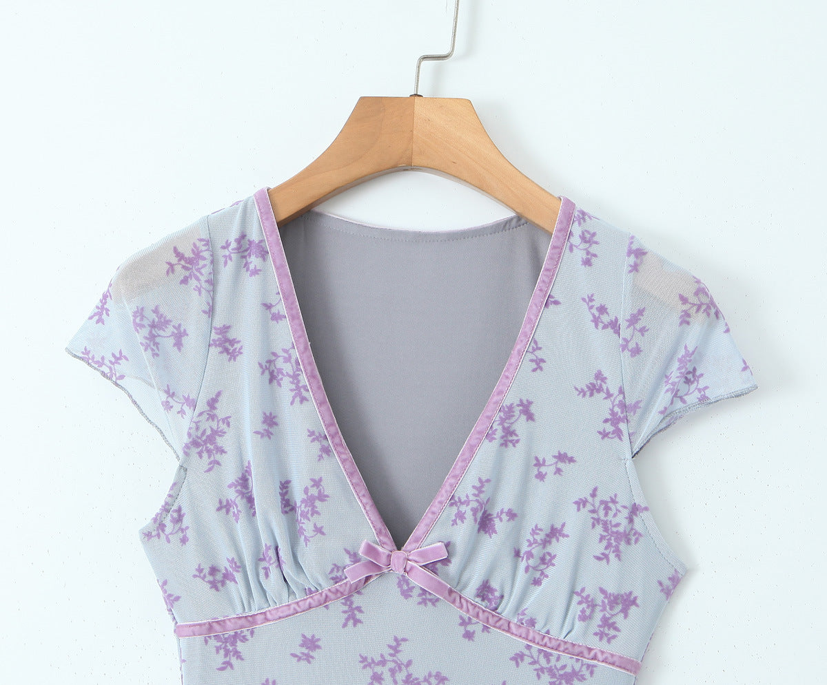 Blue – Mesh Floral Slim-Fit Dress