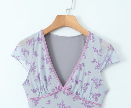 Blue – Mesh Floral Slim-Fit Dress