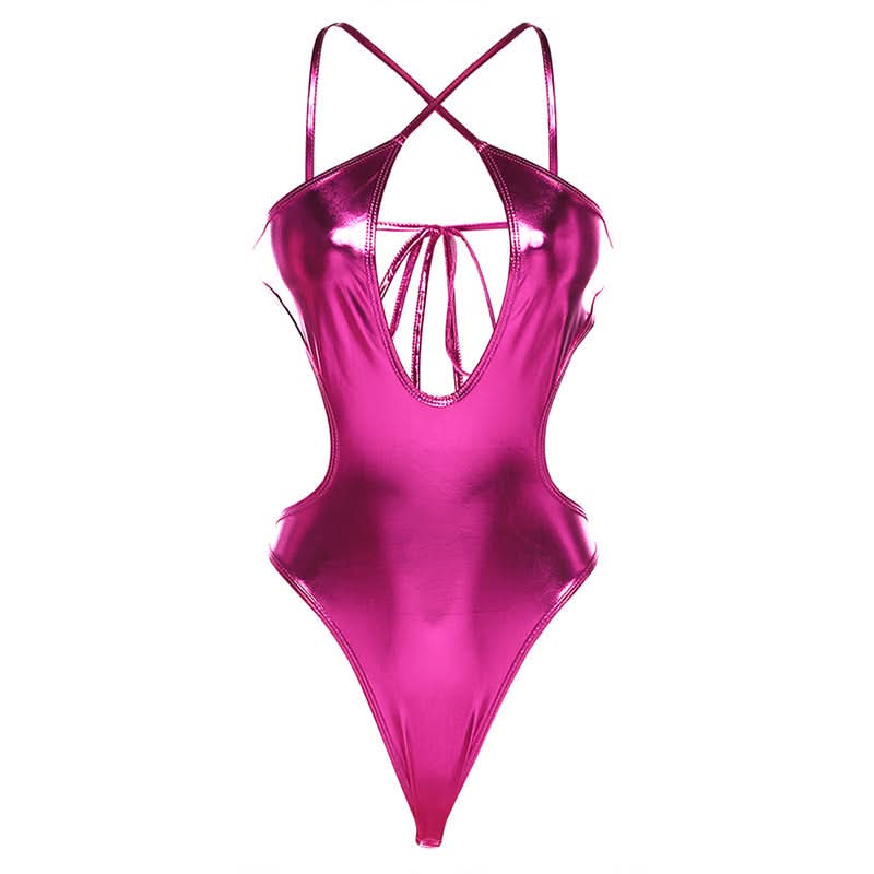 Cross front metallic backless bodysuit