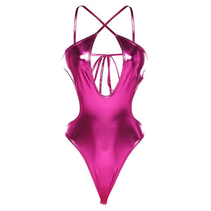 Cross front metallic backless bodysuit