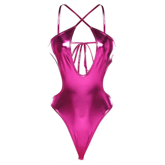 Cross front metallic backless bodysuit