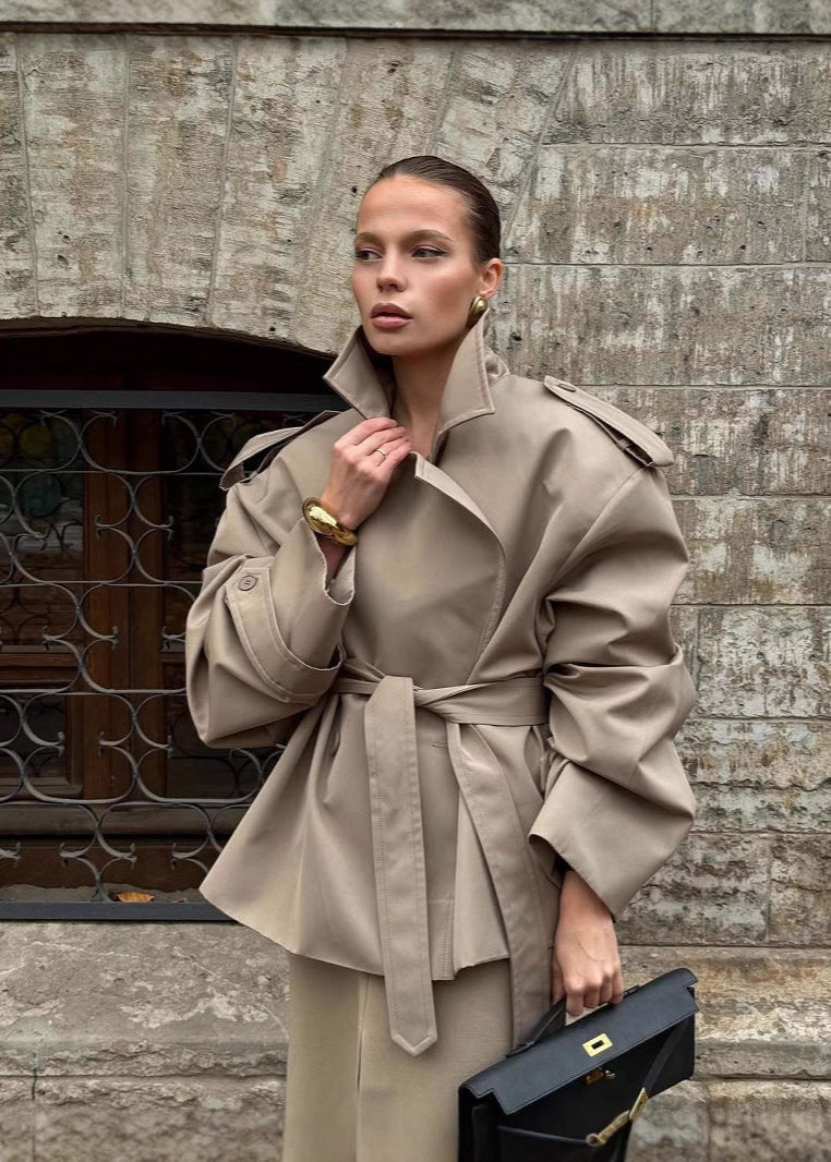 Khaki Belted Cropped Trench Jacket
