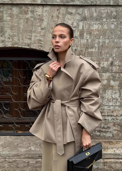 Khaki Belted Cropped Trench Jacket