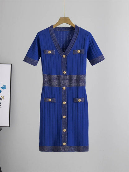 Blue – Short-Sleeve Ice Silk Knit Dress