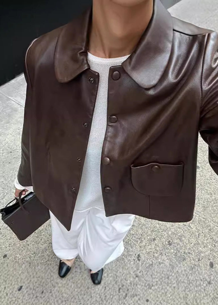 Mila - Cropped Button-Up Faux Leather Jacket