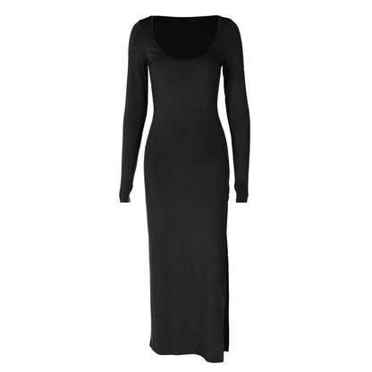 U neck long sleeve slit solid maxi dress