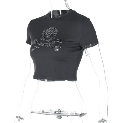 Short sleeve crewneck beaded skull pattern top