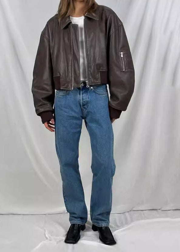 Vintage Charm Leather Bomber Jacket