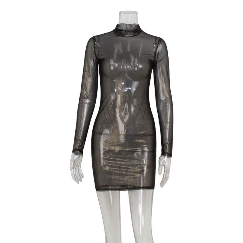 Glitter Mesh Overlay Mock Neck Long Sleeve Layered Slip Mini Dress