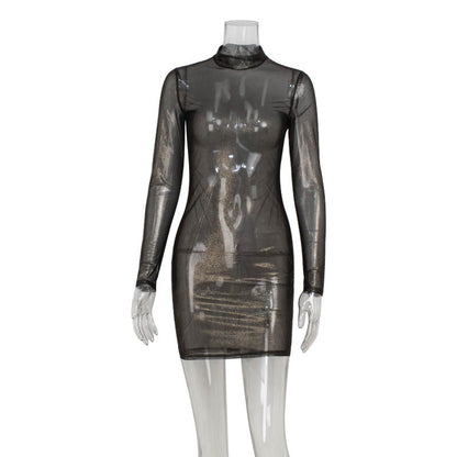 Glitter Mesh Overlay Mock Neck Long Sleeve Layered Slip Mini Dress