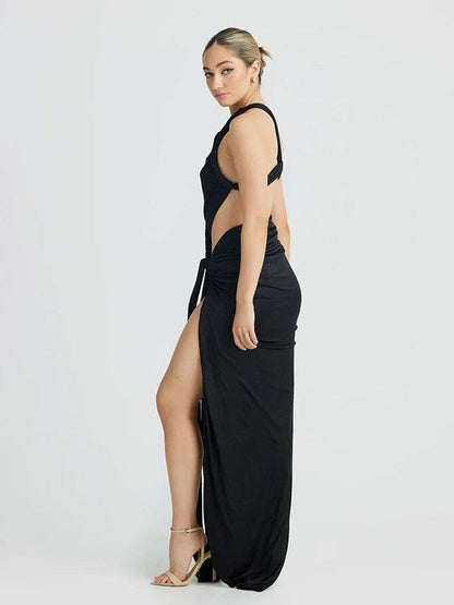Oblique Shoulder Sheath High Slit Maxi Dress