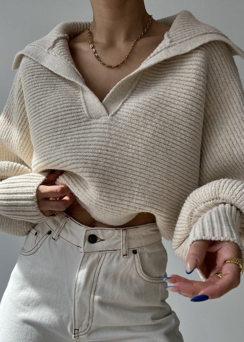 Oversized Ribbed Knit Collared Sweater