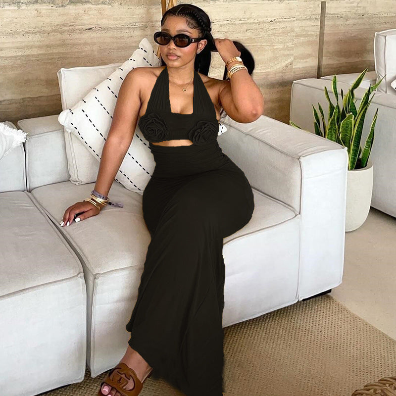 Halter Neck 3D Applique Midriff Cut Out Bodycon Maxi Dress