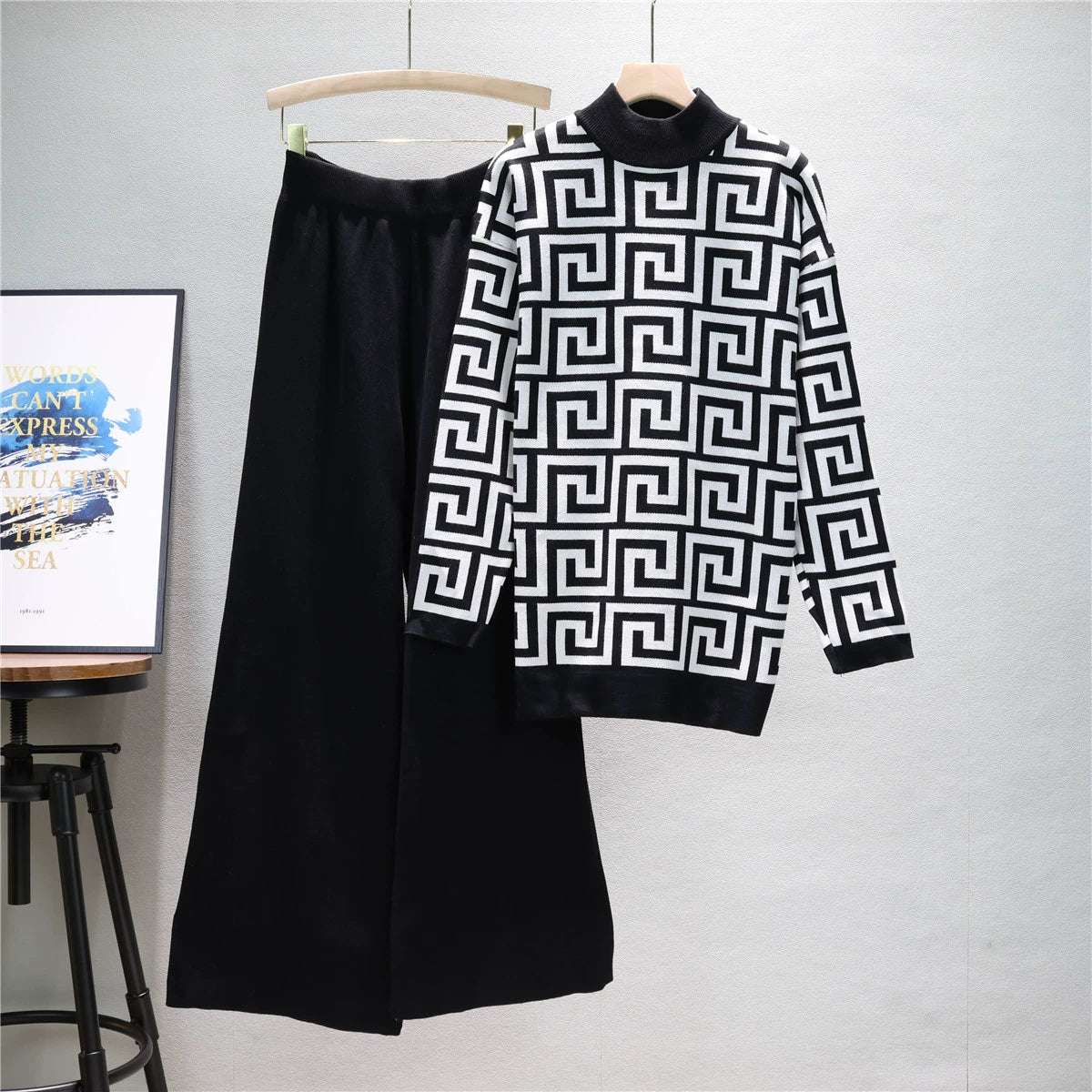 Black - Knitted Sweater & Wide-Leg Pants Two Piece Set